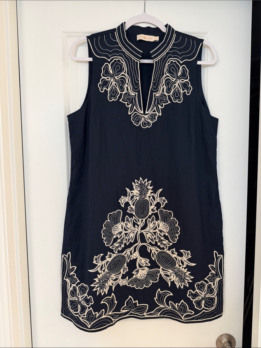 Tory Burch Sleeveless Navy Embroidered Shift Dress -